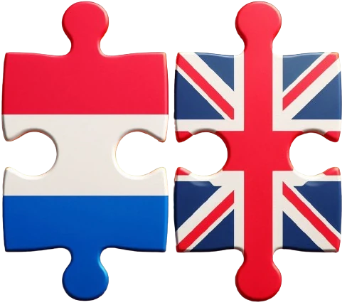 Puzzelstukjes met de vlaggen van het VK en Nederland die de complexiteit van transcreation voorstellen